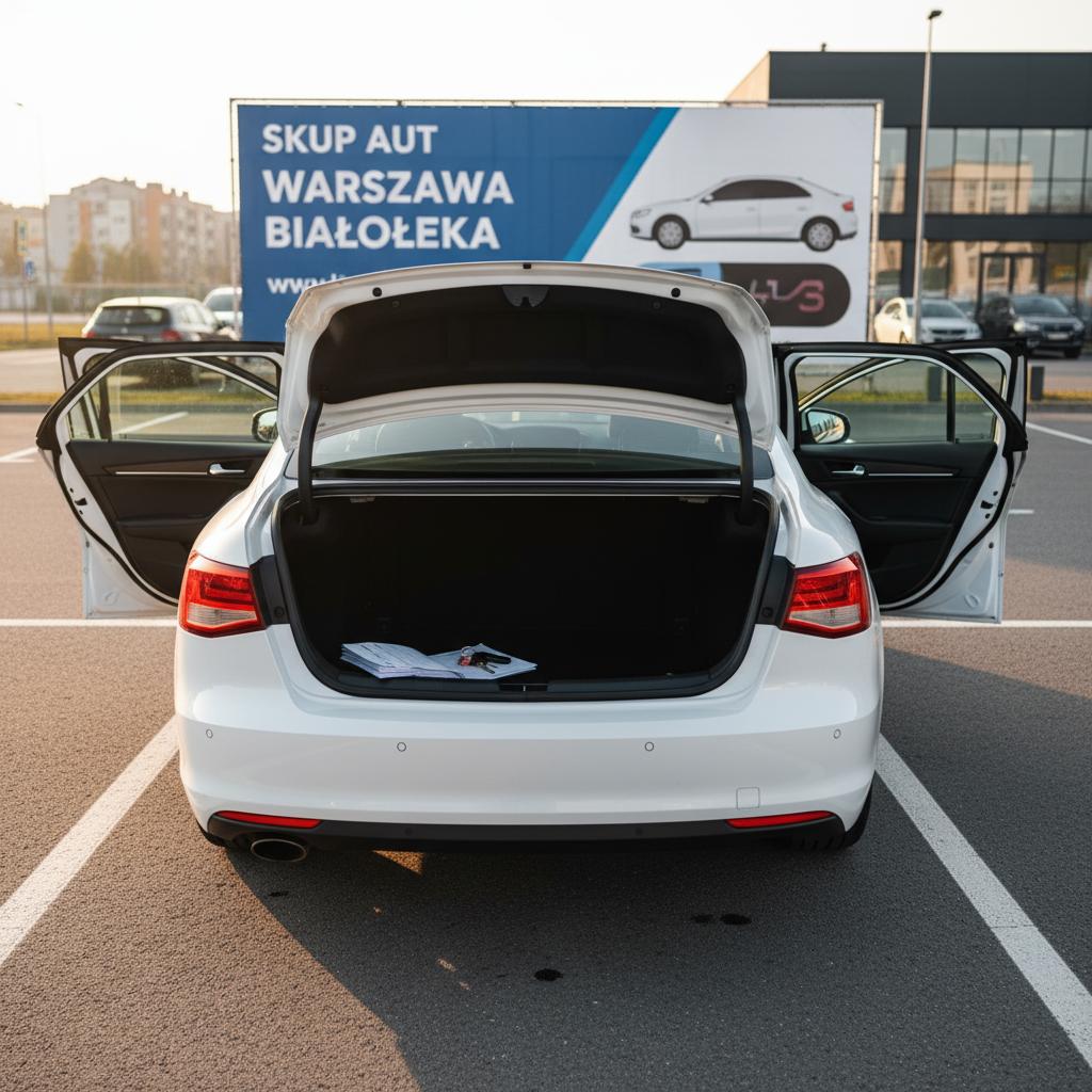 Samochód osobowy ze starannie uporządkowanym wnętrzem, otwarty bagażnik i drzwi, dokumenty i kluczyki na siedzeniu, parking oraz szyld Skup Aut Warszawa Białołęka w tle.