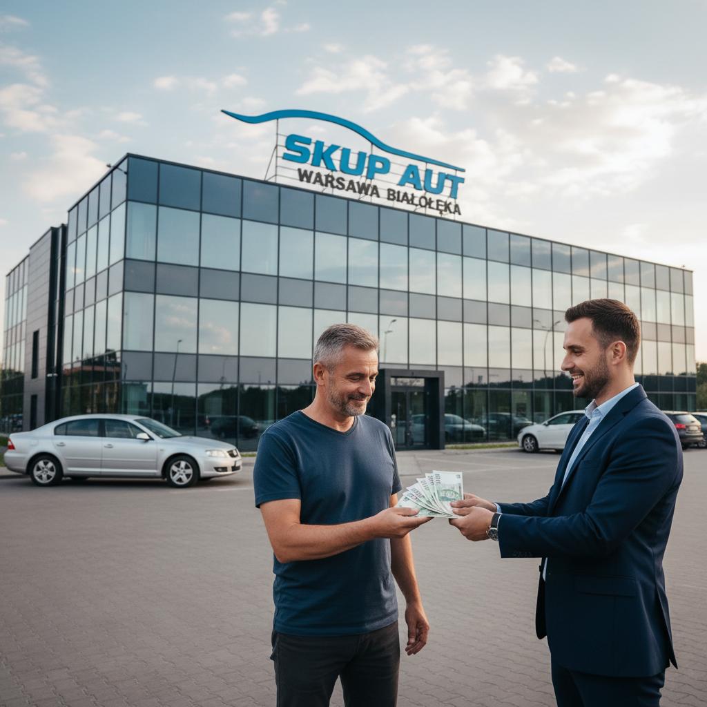 Mężczyzna dostaje gotówkę za swój samochód od pracownika auto skupu na tle budynku firmy Skup Aut Warszawa Białołęka z widocznym logotypem i autem.