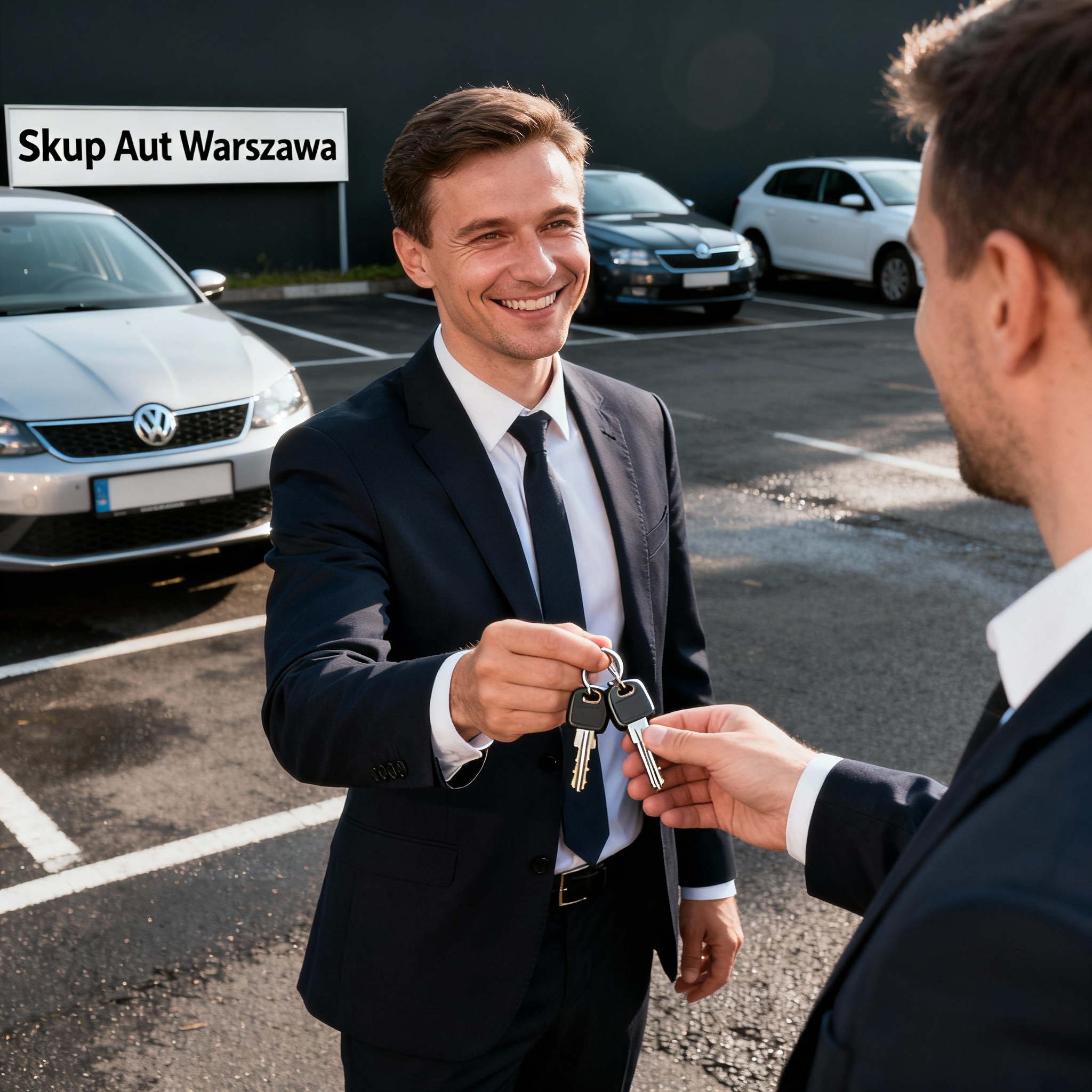 Sprzedający przekazuje kluczyki pracownikowi skupu aut na parkingu pełnym samochodów, widoczny napis Skup Aut Warszawa.