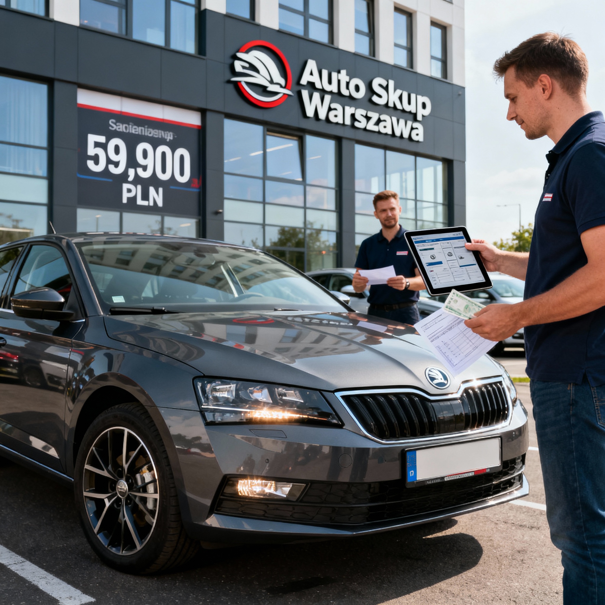 Fotorealistyczny skup aut Warszawa – klient podczas wyceny samochodu otrzymuje gotówkę, nowoczesna lokalizacja i biurowiec w tle