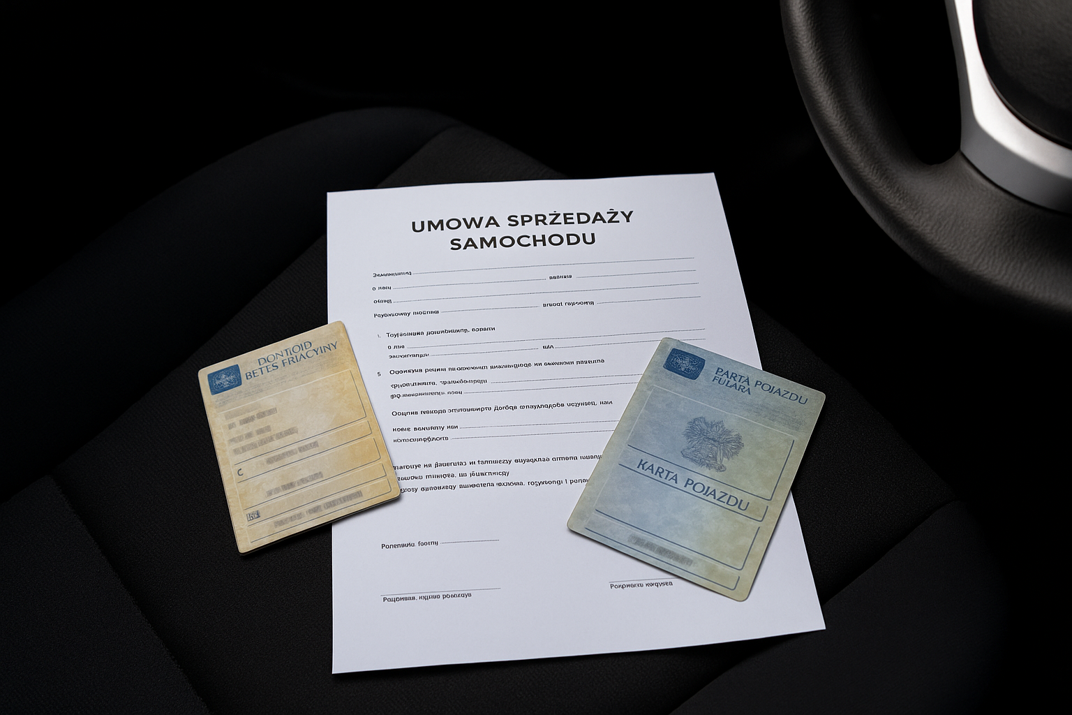 Na siedzeniu samochodu leżą trzy dokumenty potrzebne do sprzedaży auta: umowa sprzedaży samochodu, dowód rejestracyjny oraz karta pojazdu. Dokumenty są ułożone obok siebie, w realistycznym oświetleniu wnętrza auta.