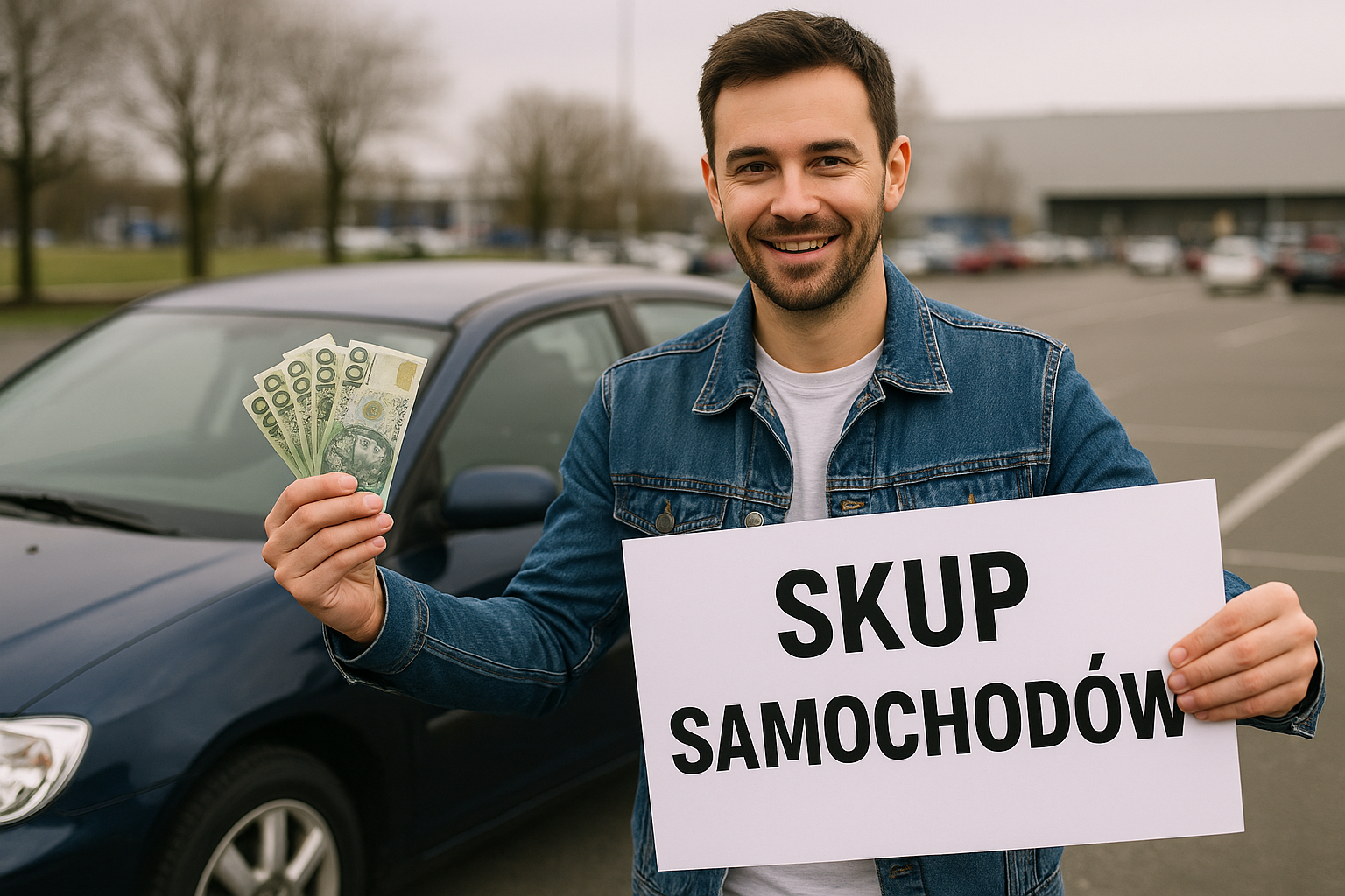 Mężczyzna trzymający banknoty i tabliczkę z napisem „Skup Samochodów” stoi przy samochodzie na parkingu w Warszawie, symbolizując szybką i bezpieczną sprzedaż auta za gotówkę.