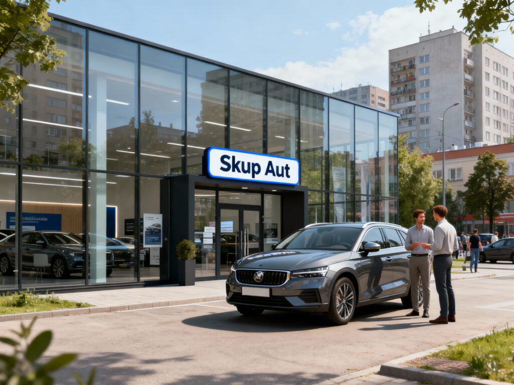 Samochód zaparkowany przed lokalnym skupem aut w Warszawie Białołęka, osoby w stylu smart casual rozmawiające przed punktem skupu, miejski charakter otoczenia.
