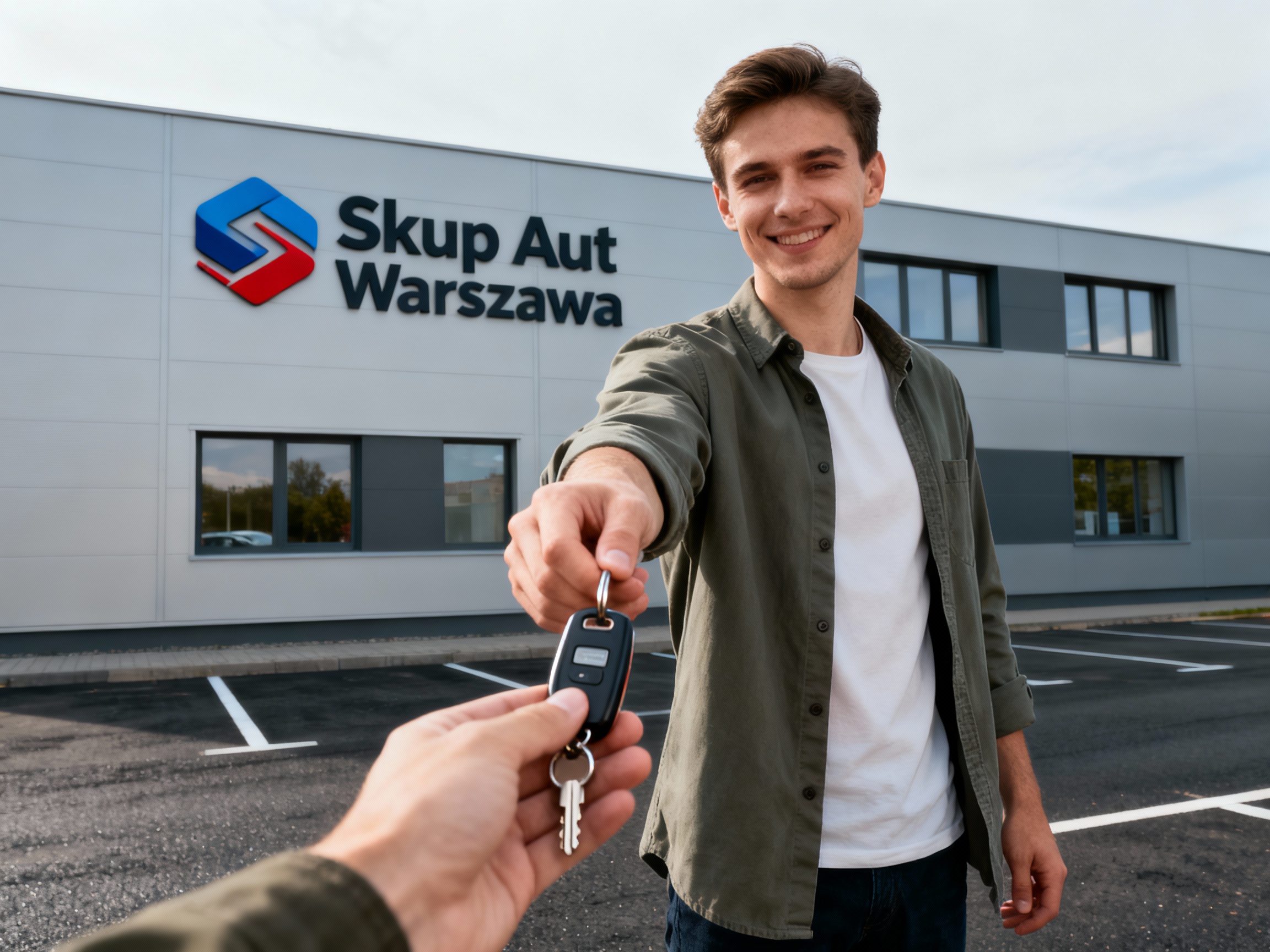 Mężczyzna w smart casual przekazuje kluczyki obsłudze w punkcie auto skupu, nowoczesne otoczenie, Warszawa.