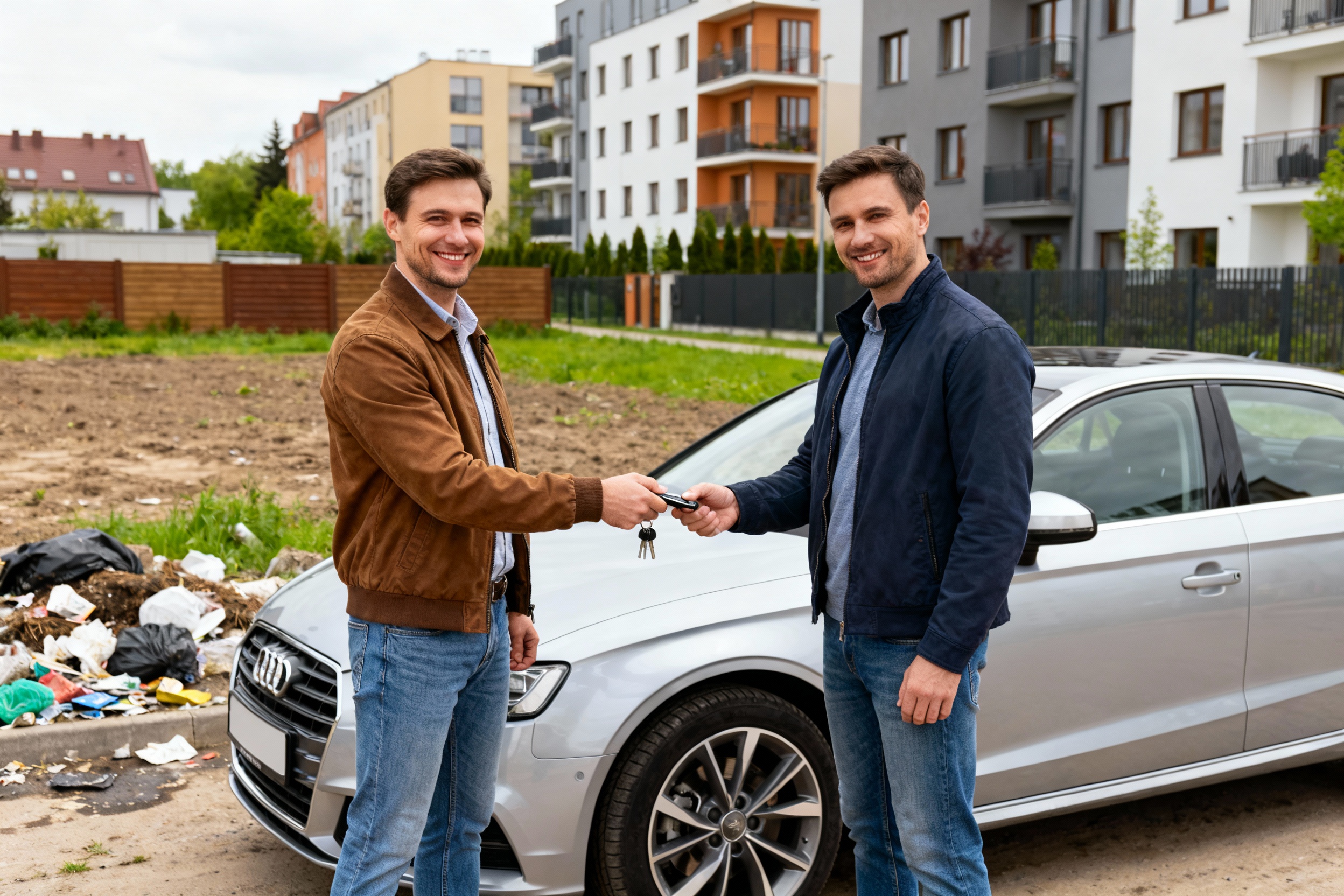 Sprzedaż samochodu w Skup Aut Warszawa Białołęka – dwóch mężczyzn w stylu smart casual finalizuje transakcję i przekazuje kluczyki na tle warszawskiego osiedla