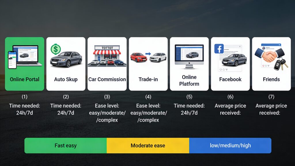 Infografika porównująca 7 metod sprzedaży samochodu: czas realizacji, poziom trudności i średnią otrzymaną cenę