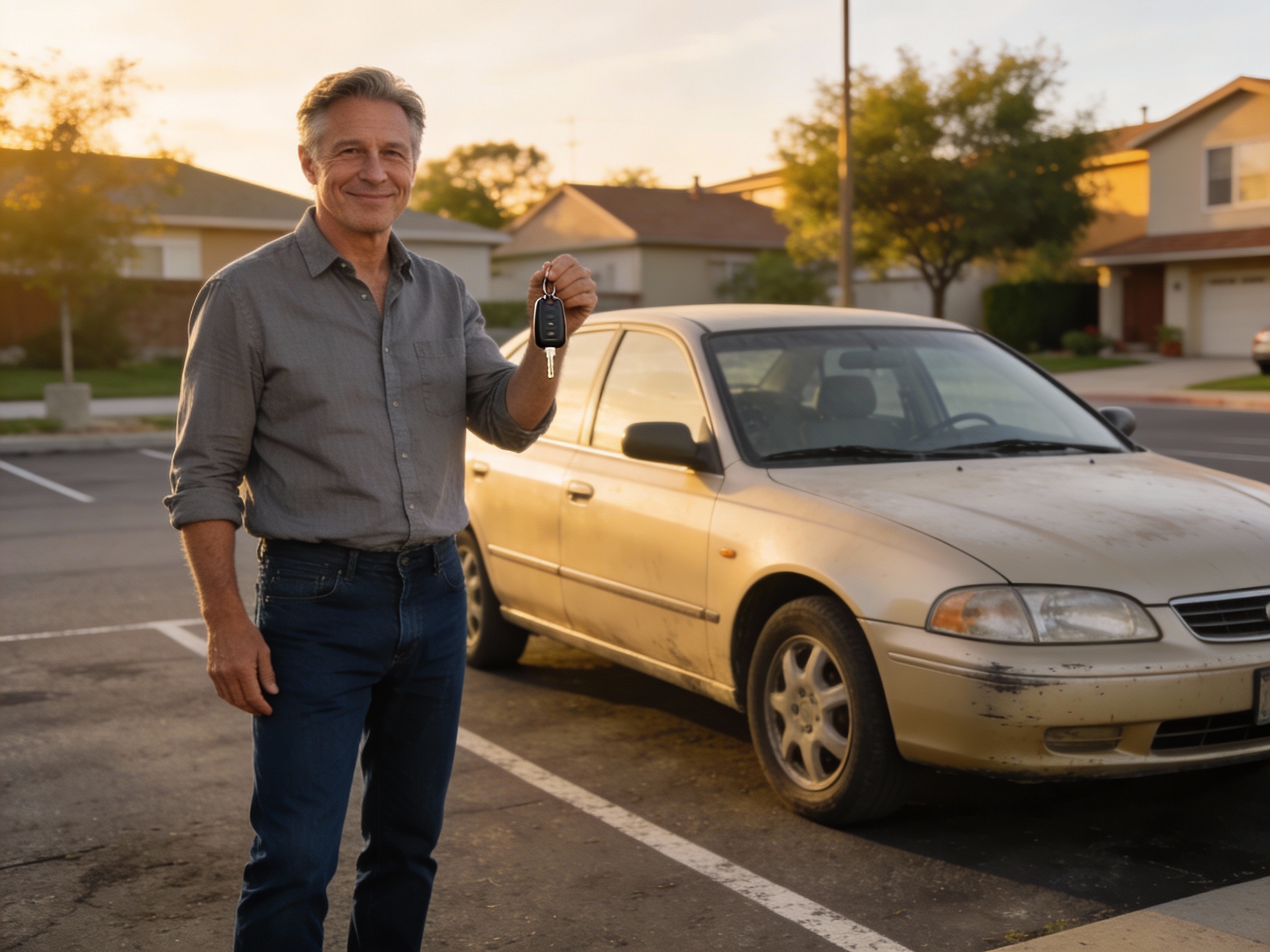 Zadowolony mężczyzna w smart casual trzymający kluczyki do samochodu po szybkiej sprzedaży w skupie aut