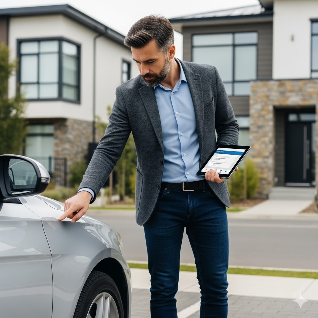 Rzeczoznawca samochodowy z tabletem dokonujący profesjonalnych oględzin srebrnego samochodu na parkingu osiedlowym na warszawskiej Białołęce.
