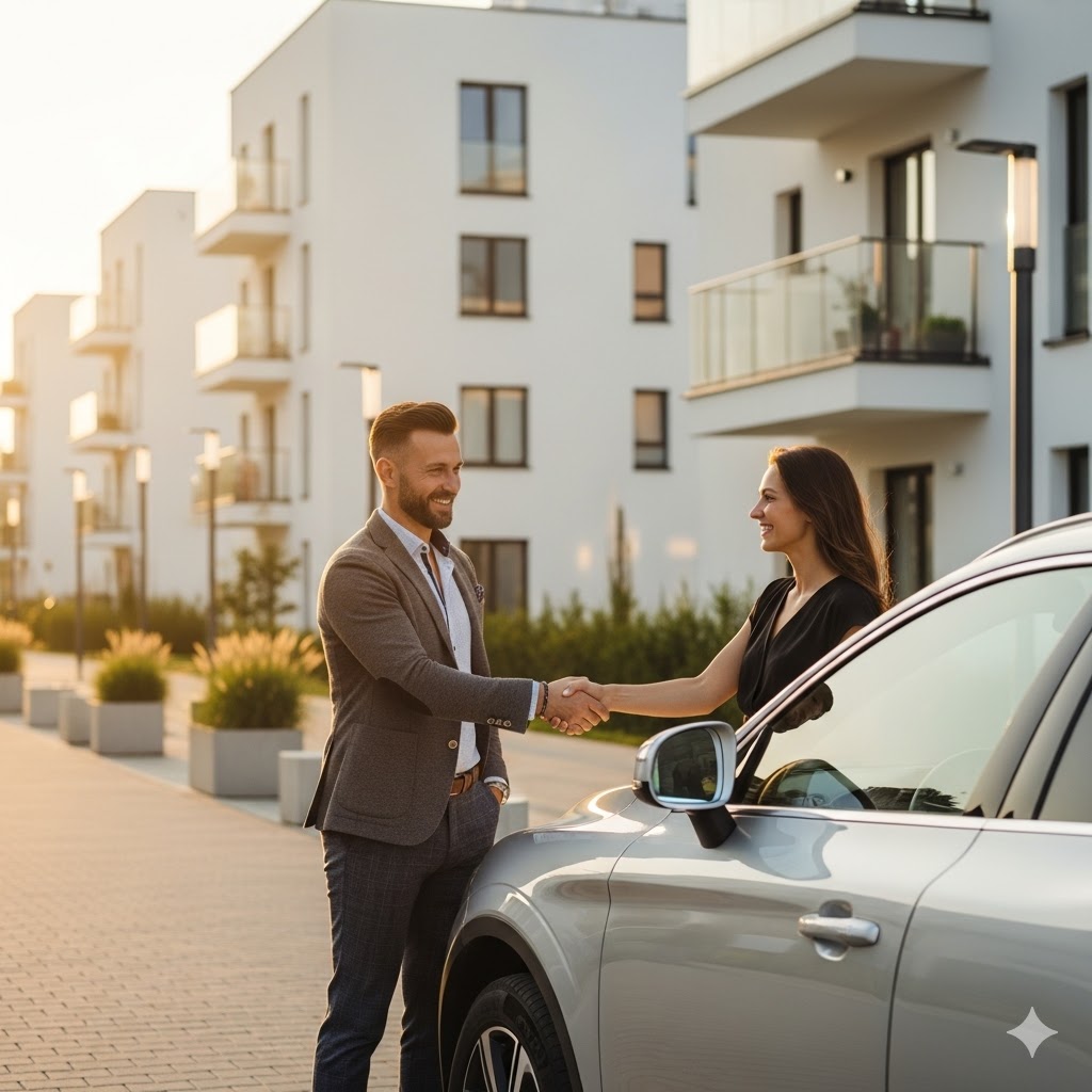 Zadowolony właściciel sprzedaje samochód typu SUV przedstawicielowi skupu aut na tle nowoczesnego osiedla na Białołęce (Tarchomin), uścisk dłoni, słoneczny dzień