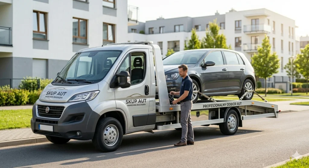 Nowoczesna laweta zabiera auto z osiedla. Darmowy odbiór aut uszkodzonych, skup aut Warszawa Białołęka