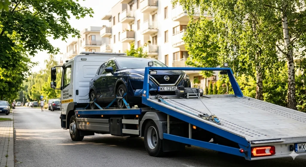 Nowoczesna laweta zabiera auto z ulicy. Darmowy transport, skup aut Warszawa Białołęka, lepsze niż komis.