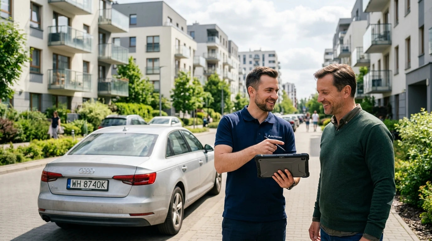 Rzeczoznawca wycenia auto bez przeglądu na osiedlu Warszawa Białołęka, rozmawiając z uśmiechniętym klientem.