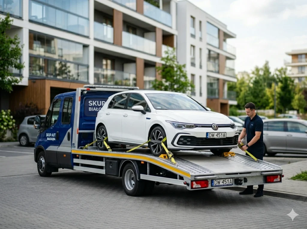 Nowoczesna laweta firmy Skup Aut Warszawa Białołęka odbiera auto spod bloku. Bezpieczny transport i legalna umowa.