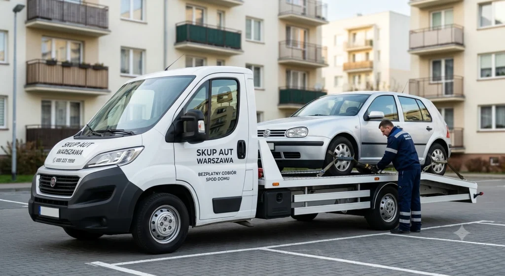 Nowoczesna laweta odbiera używany samochód sprzedany w Skup Aut Warszawa Białołęka.