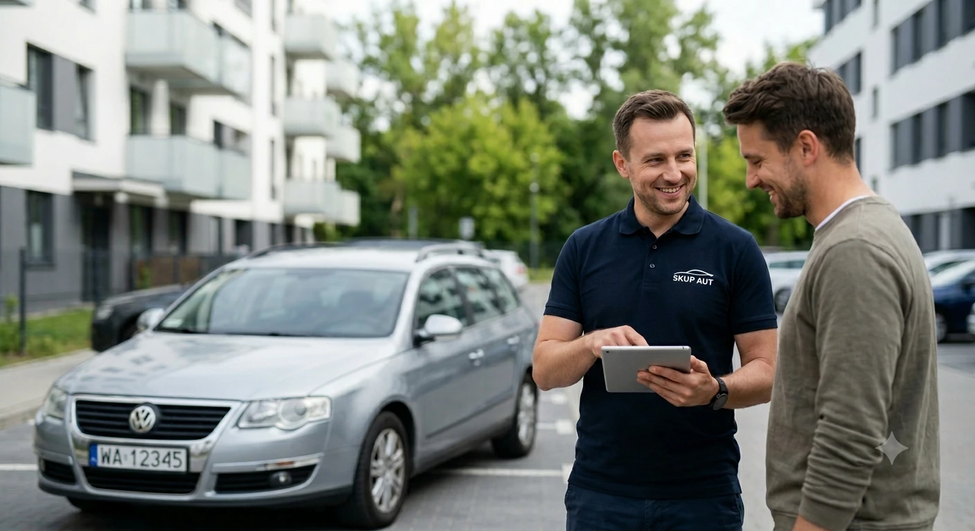 Rzeczoznawca Skup Aut Warszawa Białołęka wycenia stare auto na parkingu, temat złomowanie czy skup.