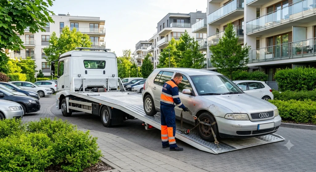 Darmowa laweta ładuje auto na osiedlu. Skup aut uszkodzonych Warszawa Białołęka, dojazd do klienta.