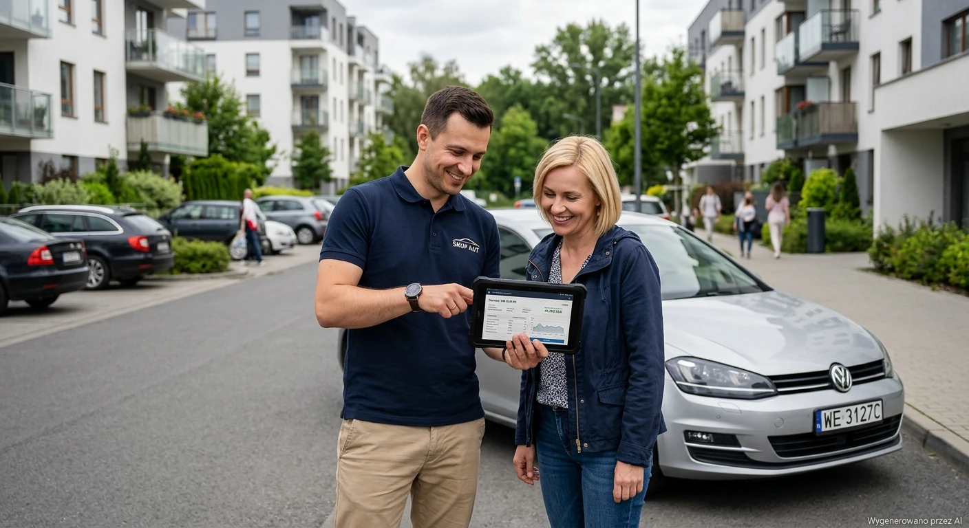Skup-Aut-Warszawa-Bialoleka-Rzeczoznawca-Kobialka-Grodzisk Uśmiechnięty rzeczoznawca Skup Aut Warszawa Białołęka wycenia srebrny samochód na osiedlu Kobiałka.