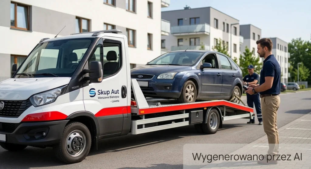 Laweta Skup Aut Warszawa Białołęka odbiera uszkodzone auto z osiedla w rejonie Kobiałka.