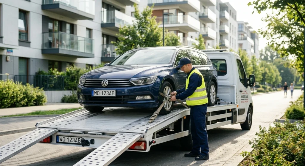 Darmowa laweta zabiera zepsuty samochód spod bloku. Skup aut uszkodzonych Warszawa Białołęka.