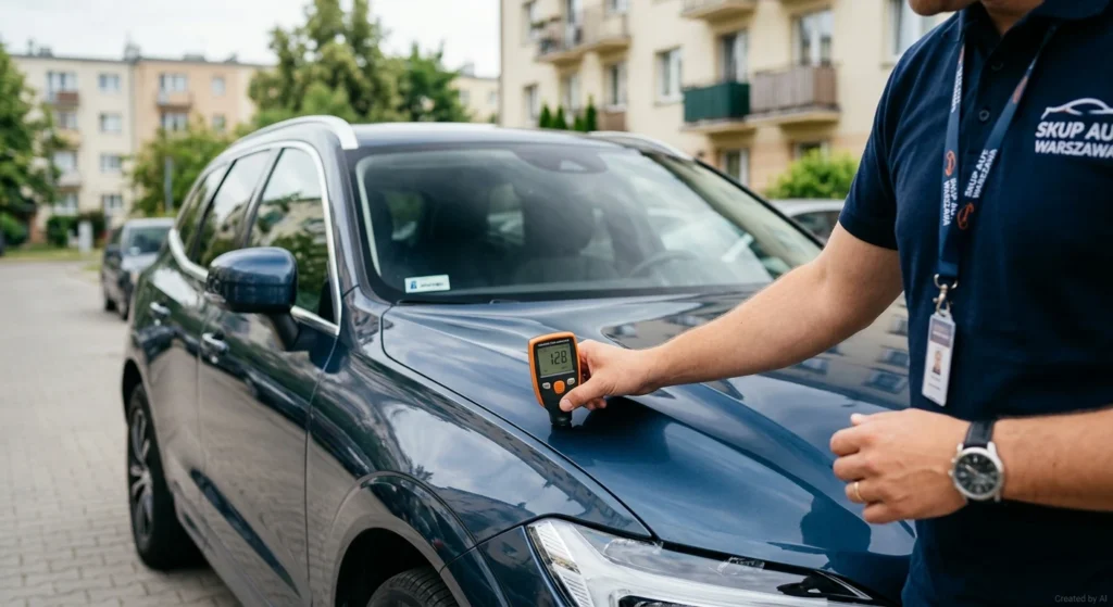 Badanie grubości lakieru rodzinnego SUV-a miernikiem elektronicznym, Warszawa Białołęka.