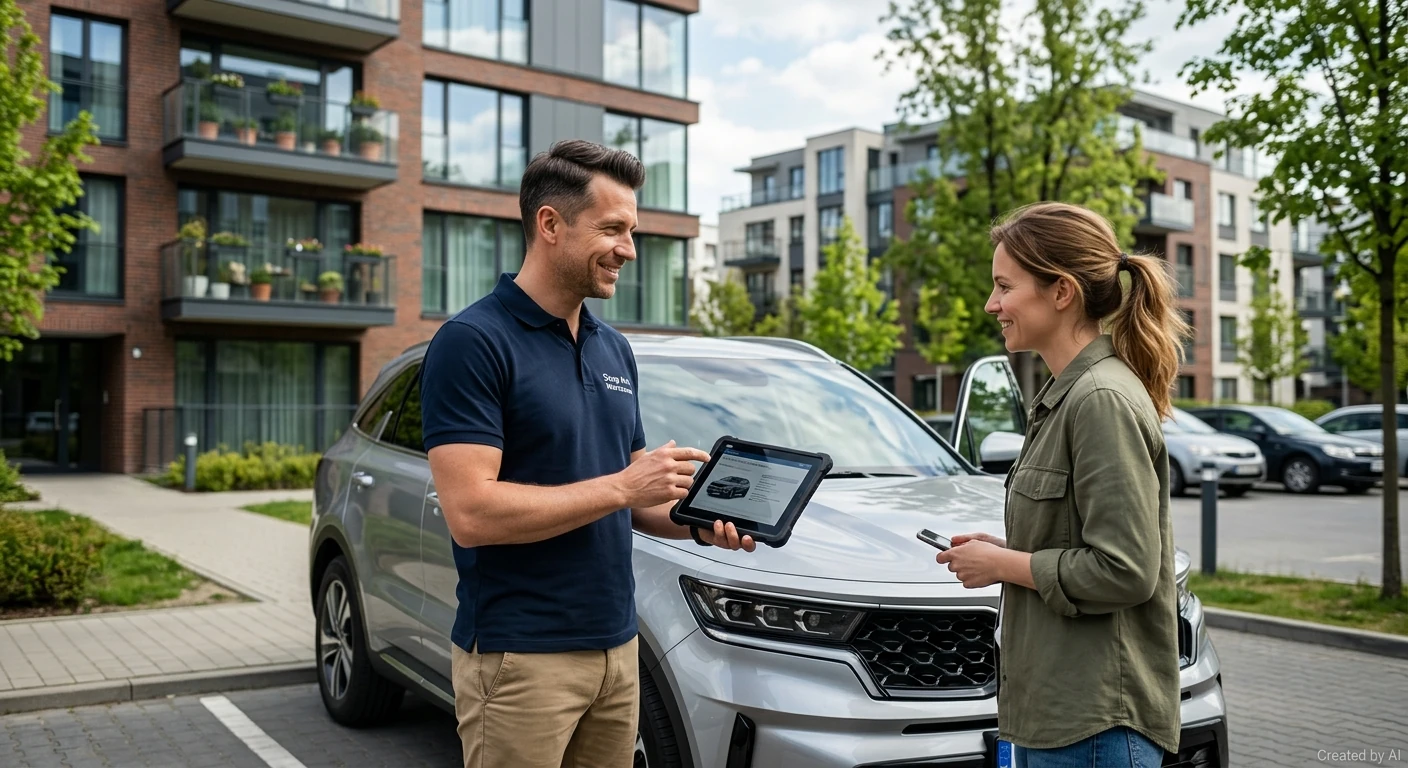 wycena-rodzinnego-suv-a-tarchomin-rzeczoznawca Rzeczoznawca z tabletem wycenia rodzinnego SUV-a, nowoczesne osiedle, Warszawa Białołęka.