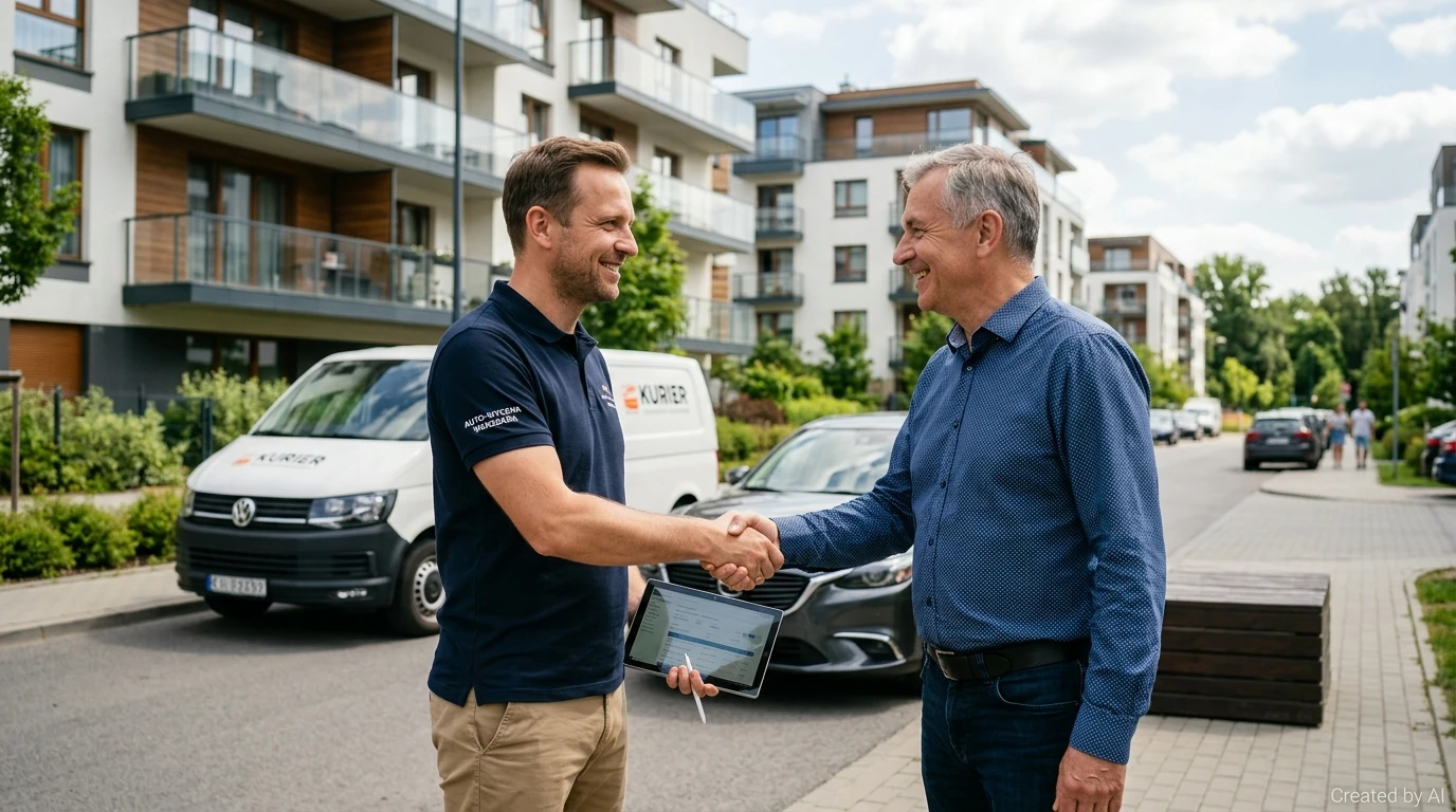 Rzeczoznawca z firmy Skup Aut Warszawa Białołęka na Żeraniu wycenia auto firmowe.