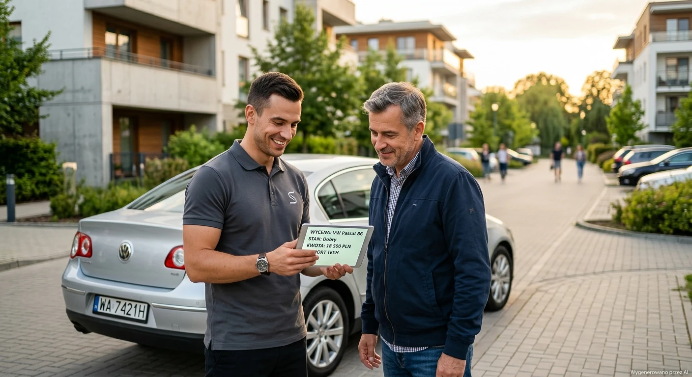 Rzeczoznawca Skup Aut Warszawa Białołęka wycenia stare auto klienta na nowoczesnym osiedlu.