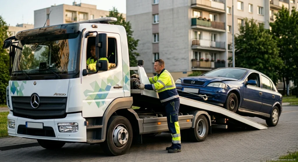 Nowoczesna laweta Skup Aut Warszawa Białołęka odbiera uszkodzone, stare auto z Tarchomina.