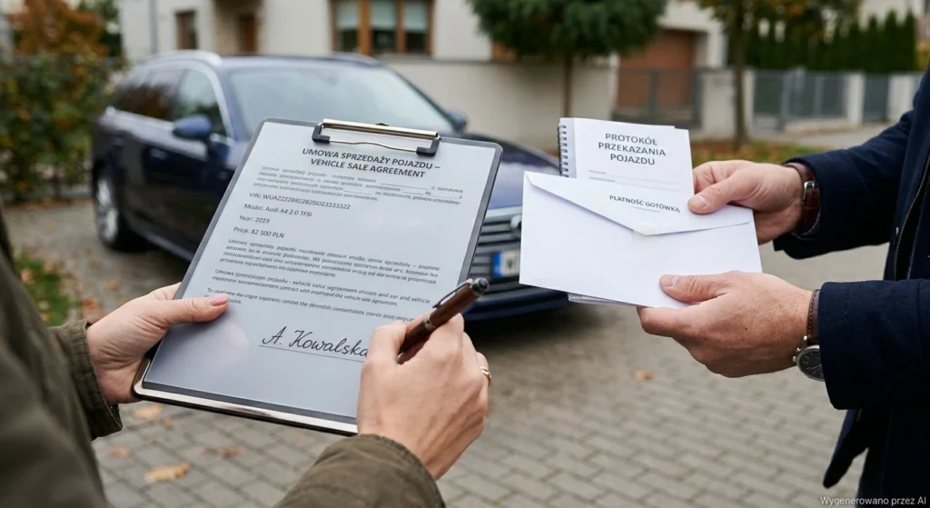 Podpisywanie umowy kupna samochodu gotówką od ręki na osiedlu Henryków w dzielnicy Warszawa Białołęka.