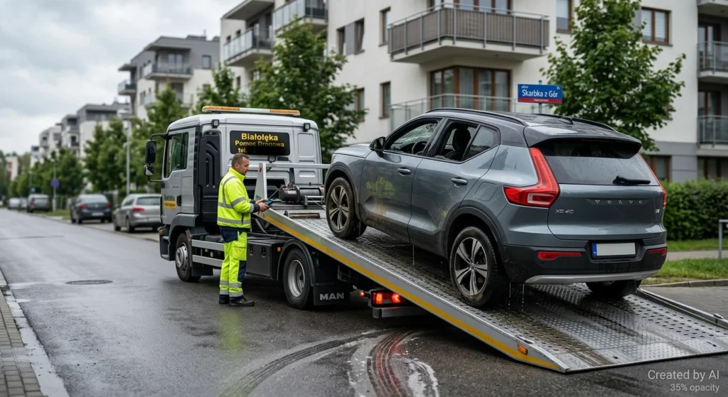 Nowoczesna laweta zabiera zalane auto z uszkodzoną elektroniką w Warszawie Białołęce.
